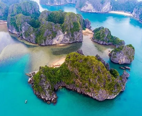 Aerial view of Cat Ba Island’s limestone islands and turquoise waters