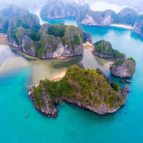 Aerial view of Cat Ba Island’s limestone islands and turquoise waters