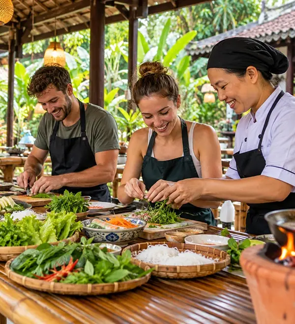 Travelers enjoying a Vietnamese cooking class with fresh ingredients