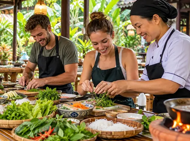 Travelers enjoying a Vietnamese cooking class with fresh ingredients