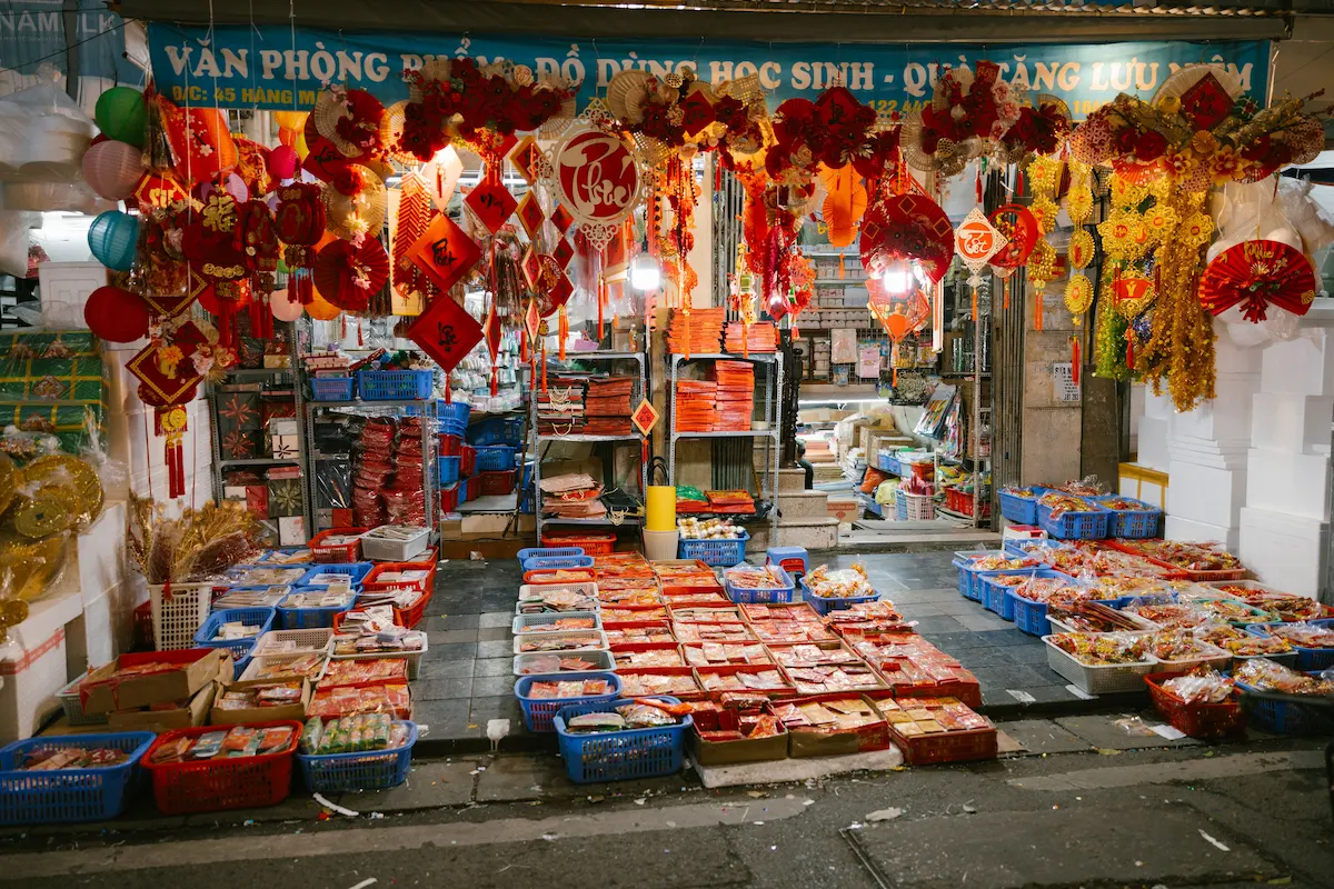 Colorful festive decorations displayed at Hang Ma Street market in Hanoi