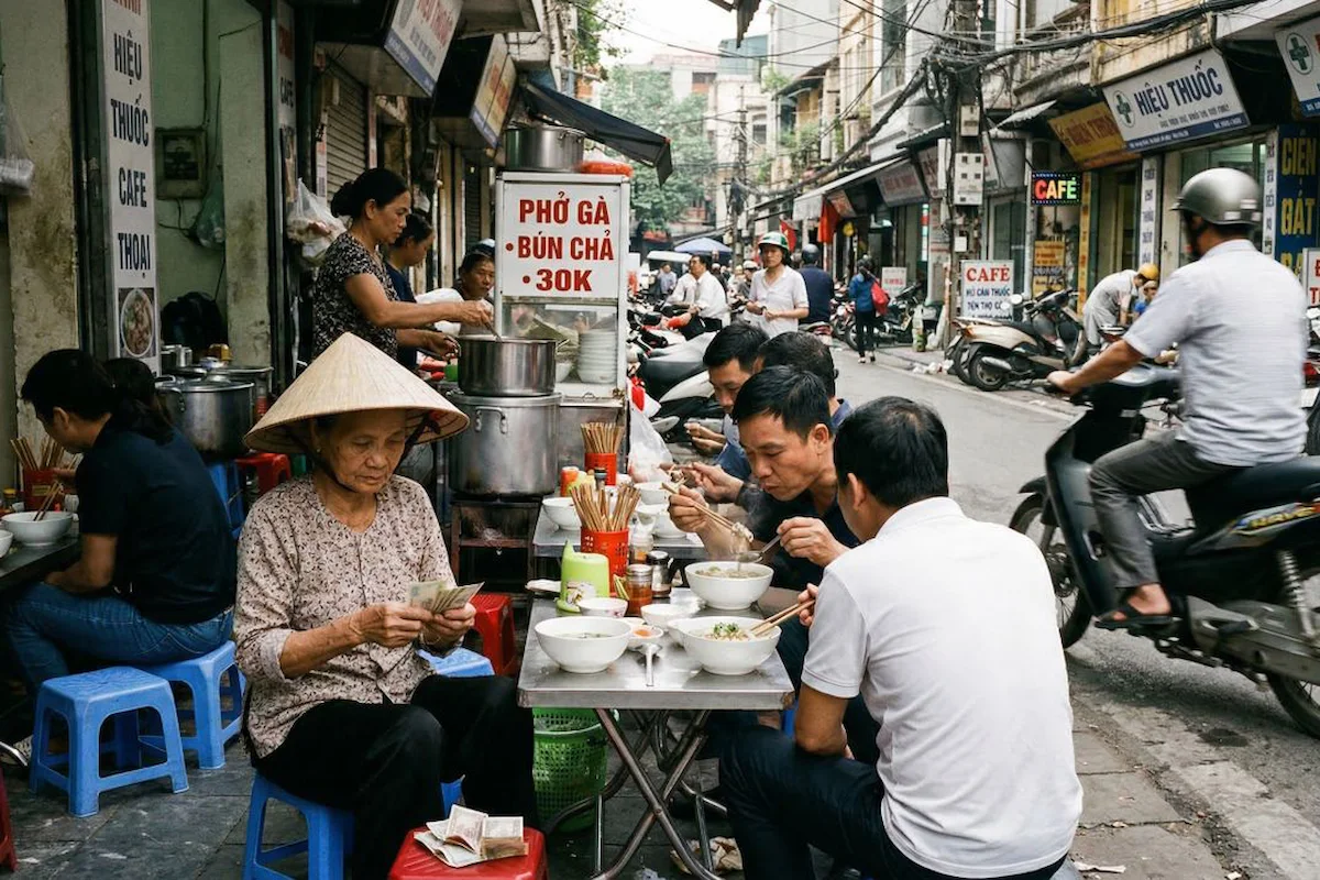 Locals enjoy pho at a traditional street food stall in Hanoi's Old Quarter