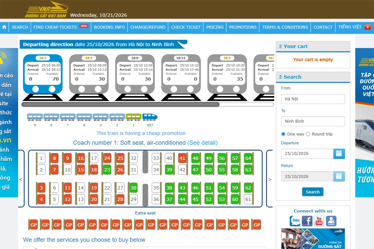 Train schedules from Hanoi to Ninh Binh