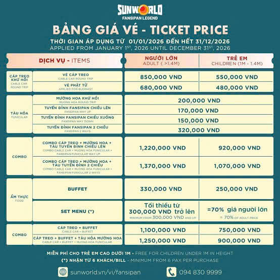Fansipan cable car and combo ticket prices for 2026